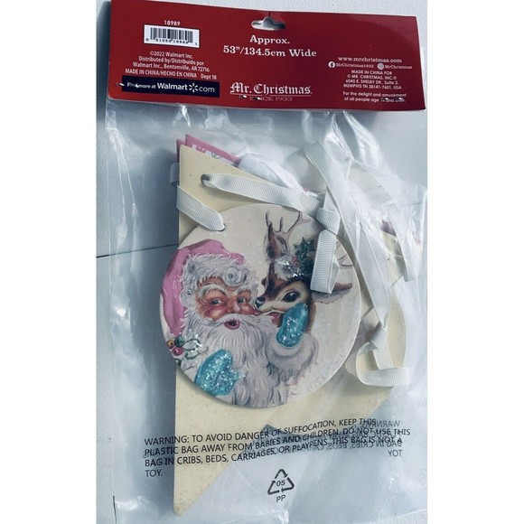 Mr. Christmas Banner MERRY Pink Turquoise Santa Reindeer 1950s Retro Ribbon 53" - Picture 11 of 11